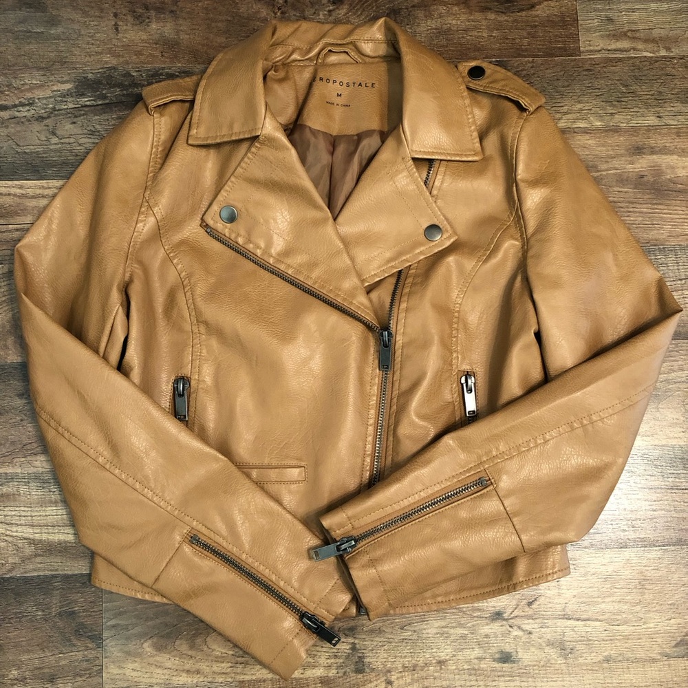 Aeropostale Women’s Tan Faux Leather Moto Jacket Medium